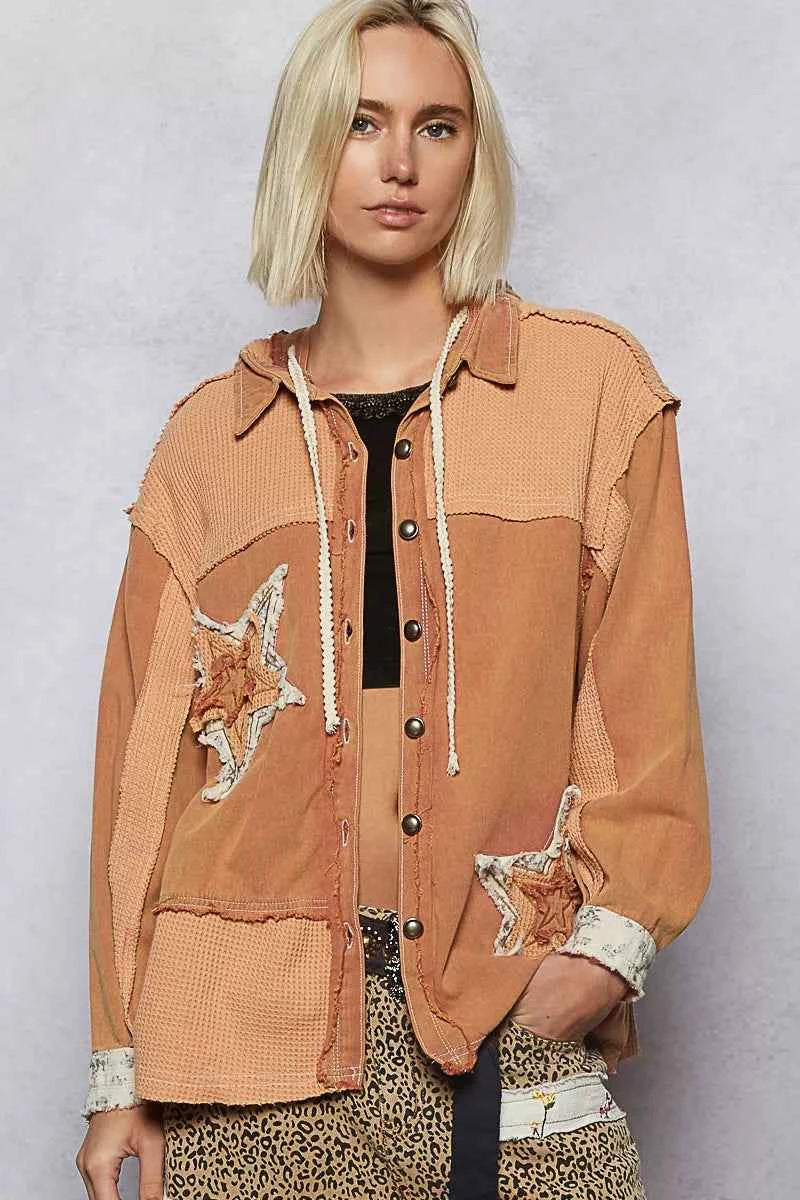 POL Button Down Hooded Jacket with with Star Patch Pattern BURNT SIENNA 0fff07d9-1a79-4839-98bf-2909680de364-Max-Origin