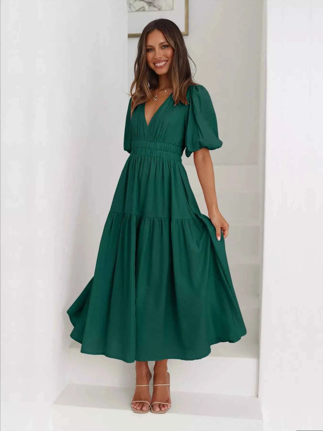 Tiered Puff Sleeve Midi Dress Dark Green 0ffffe0a-ed0d-4ea9-9dd6-b428eb1c47e7-Max-Origin