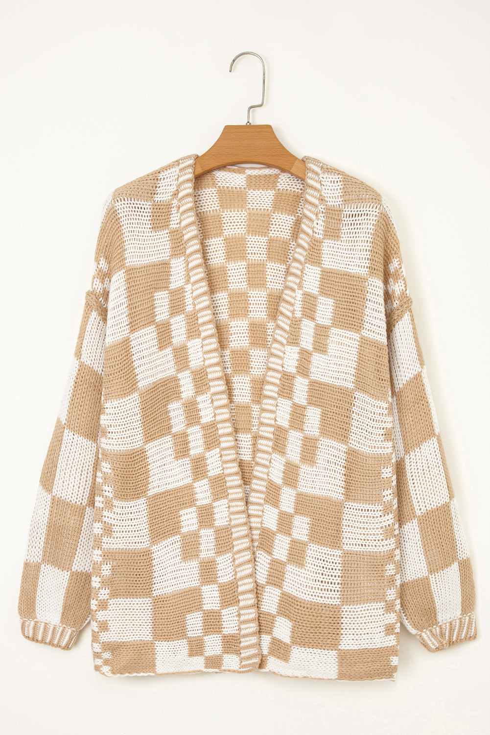 Smoke Gray Colorblock Checked Open Front Knitted Cardigan 1002132674d89fc9