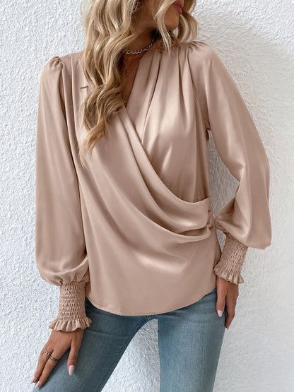 Surplice Smocked Lantern Sleeve Blouse