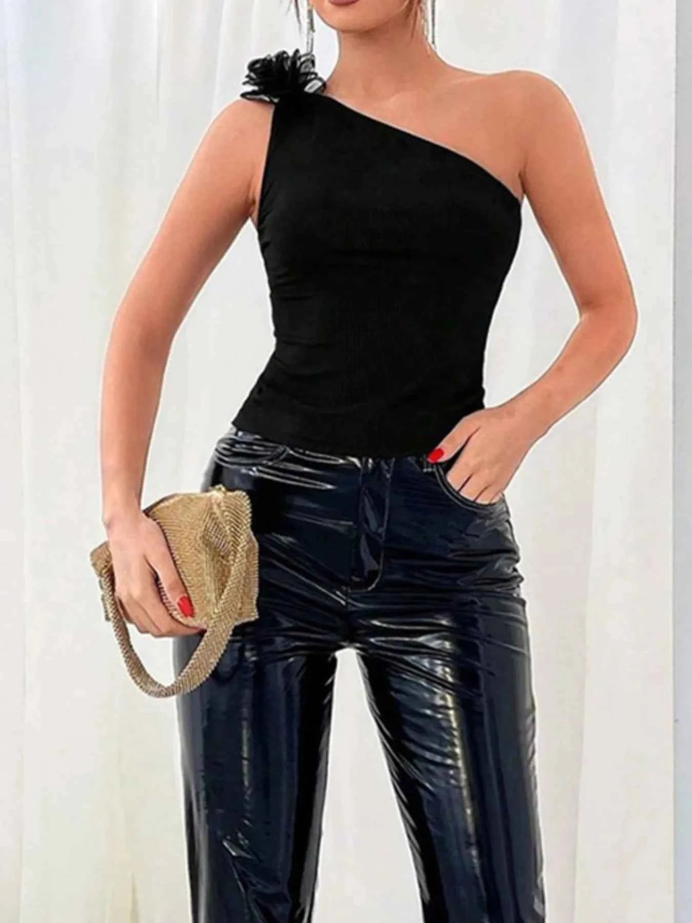 Flower Ribbed Single Shoulder Tank Black 10116b4222af4ef99485801441340b51-Max-Origin