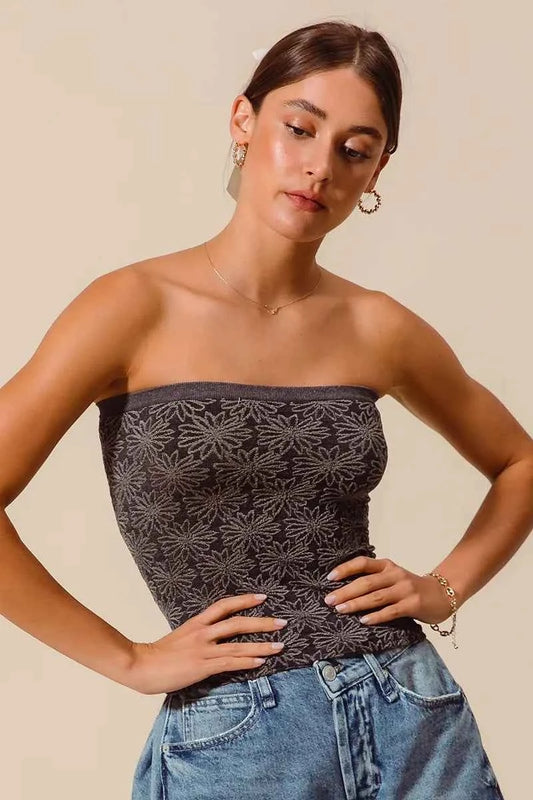 Jacquard Floral Two Tone Seamless Tube Top 2TONE BLACK 1014050f557f41a88d273b45d2873de3-Max-Origin