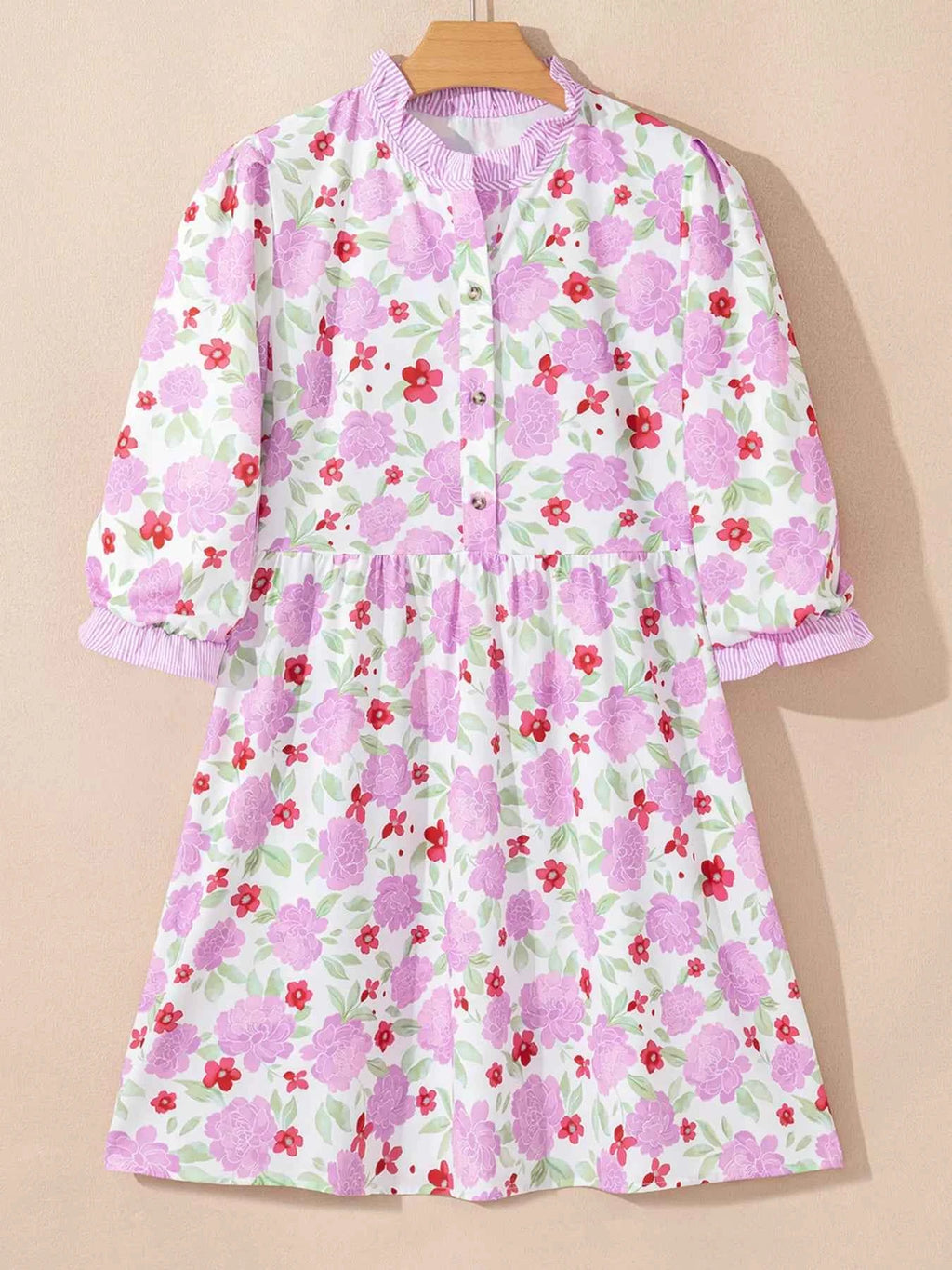 Floral Print Striped Trim Frilled Neck 3/4 Sleeve Flared Mini Dress 1019ca0373044d2b92a45bce86750e54-Max-Origin