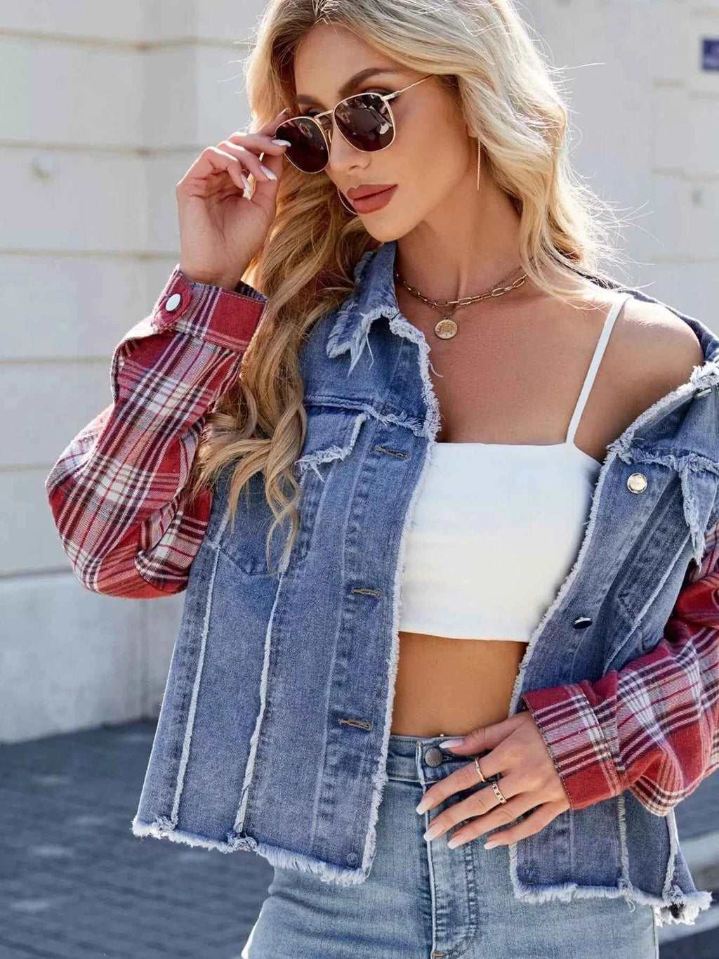 Raw Hem Plaid Sleeve Denim Jacket 101be25f8bf348f68a1250ccbb16f01c-Max-Origin