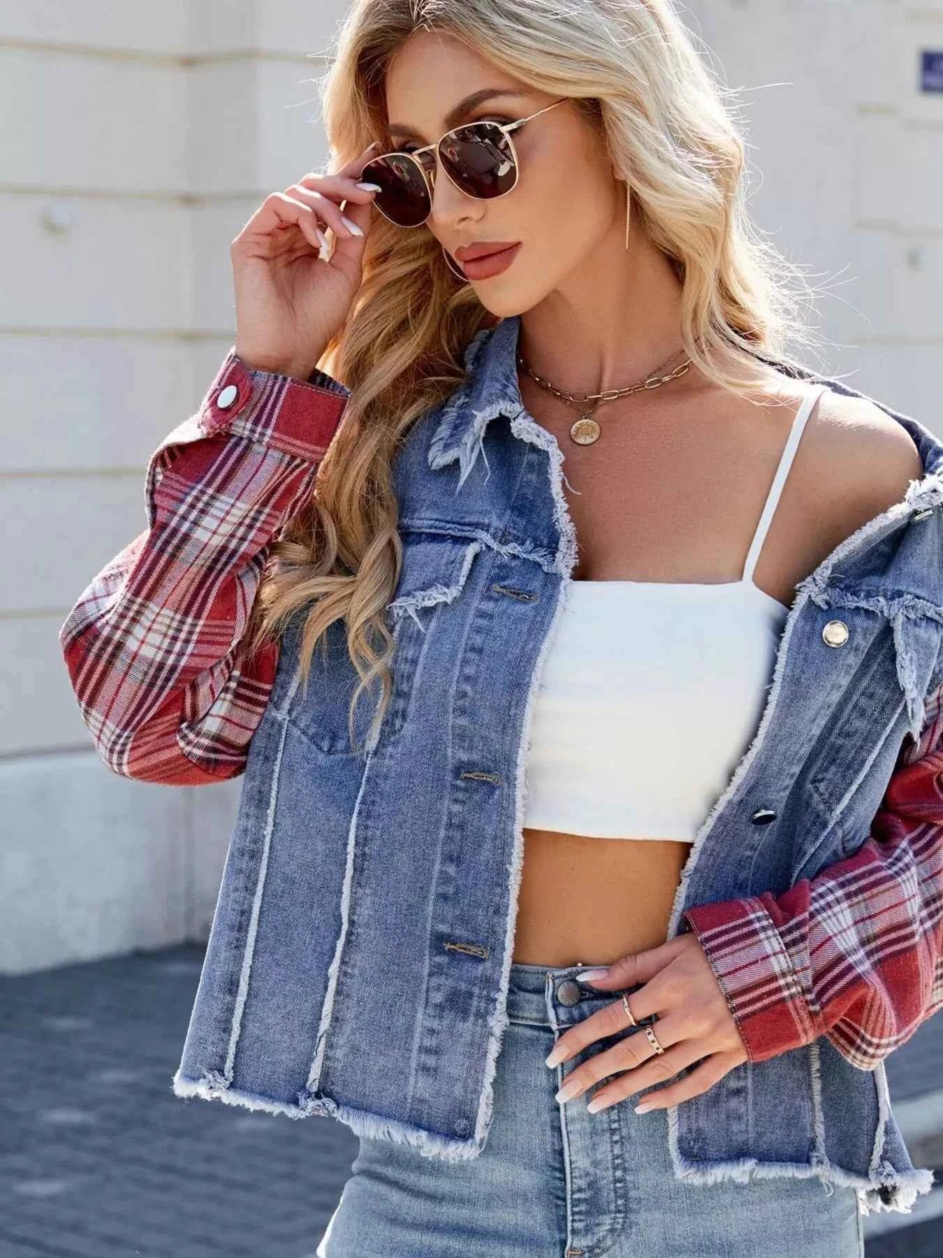 Raw Hem Plaid Sleeve Denim Jacket 101be25f8bf348f68a1250ccbb16f01c-Max-Origin