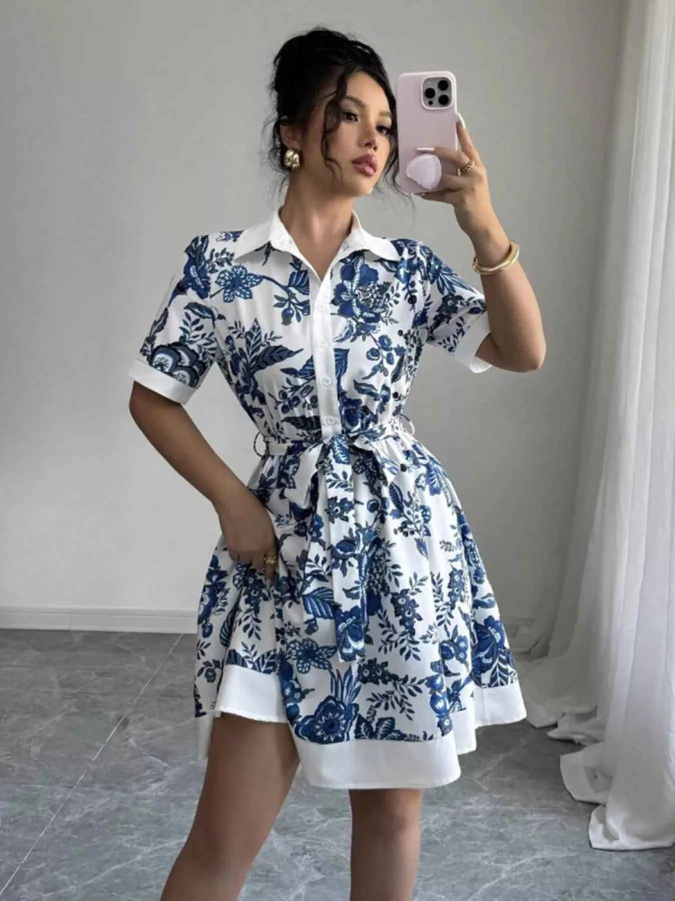 Floral Print Button-Front Shirt Dress 101c07700efb4c6ab3e6949343837425-Max-Origin