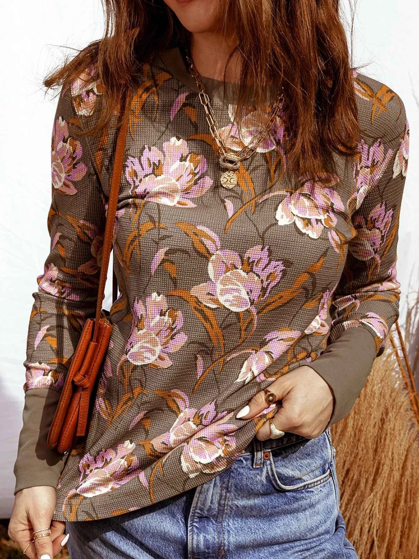 Floral Print Waffle Textured Long Sleeve Top Brown 1025522c7fbb4c2cb33501f5e64c1921-Max-Origin