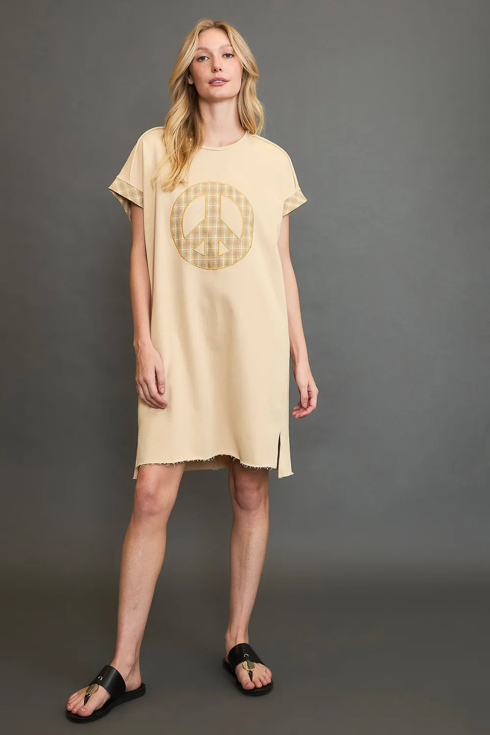 Umgee Peace Plaid Applique Short Sleeve Mini Dress 102650b8-3e2e-488f-975c-0b7e73be7eb8-Max