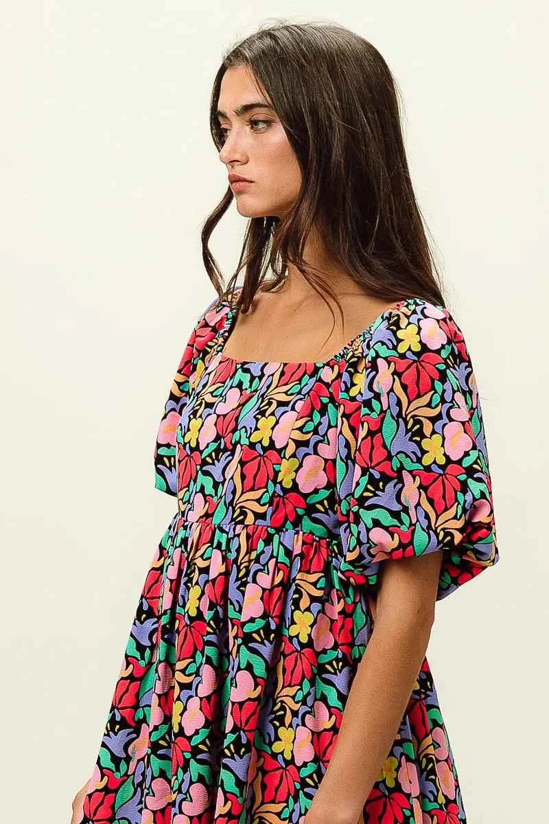 Floral Print Puff Square Neck Dress 10279ae1ac7e4980a86aa5f3f7e109c7-Max-Origin