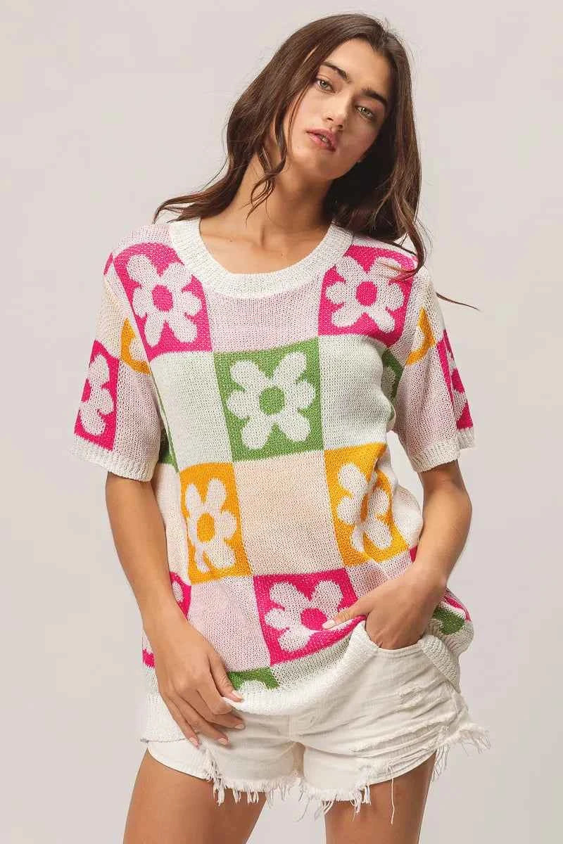 BiBi Flower Checker Pattern Lightweight Sweater Top 1027a38883824328b780312adcdfca0d-Max-Origin