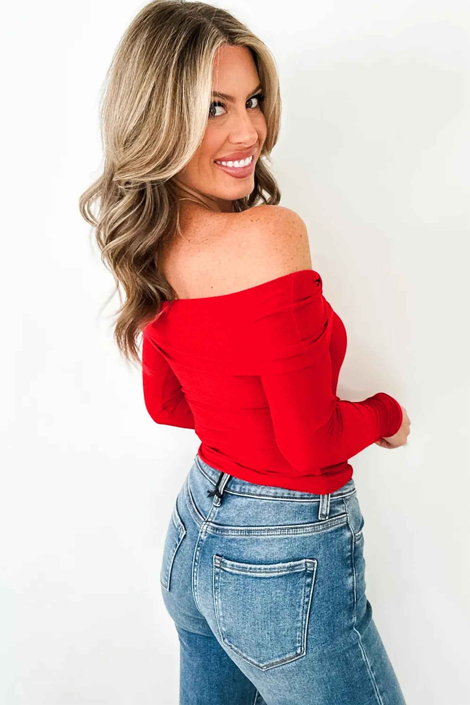 Smoke Gray Foldover Off Shoulder Long Sleeve Slim Top 102a009f0d93f52c