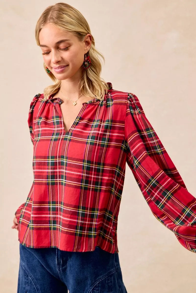 BiBi Christmas Plaid Balloon Sleeves Ruffled V-Neck Top 102af6af6c0a441ba22c09d165ee77b9-Max-Origin