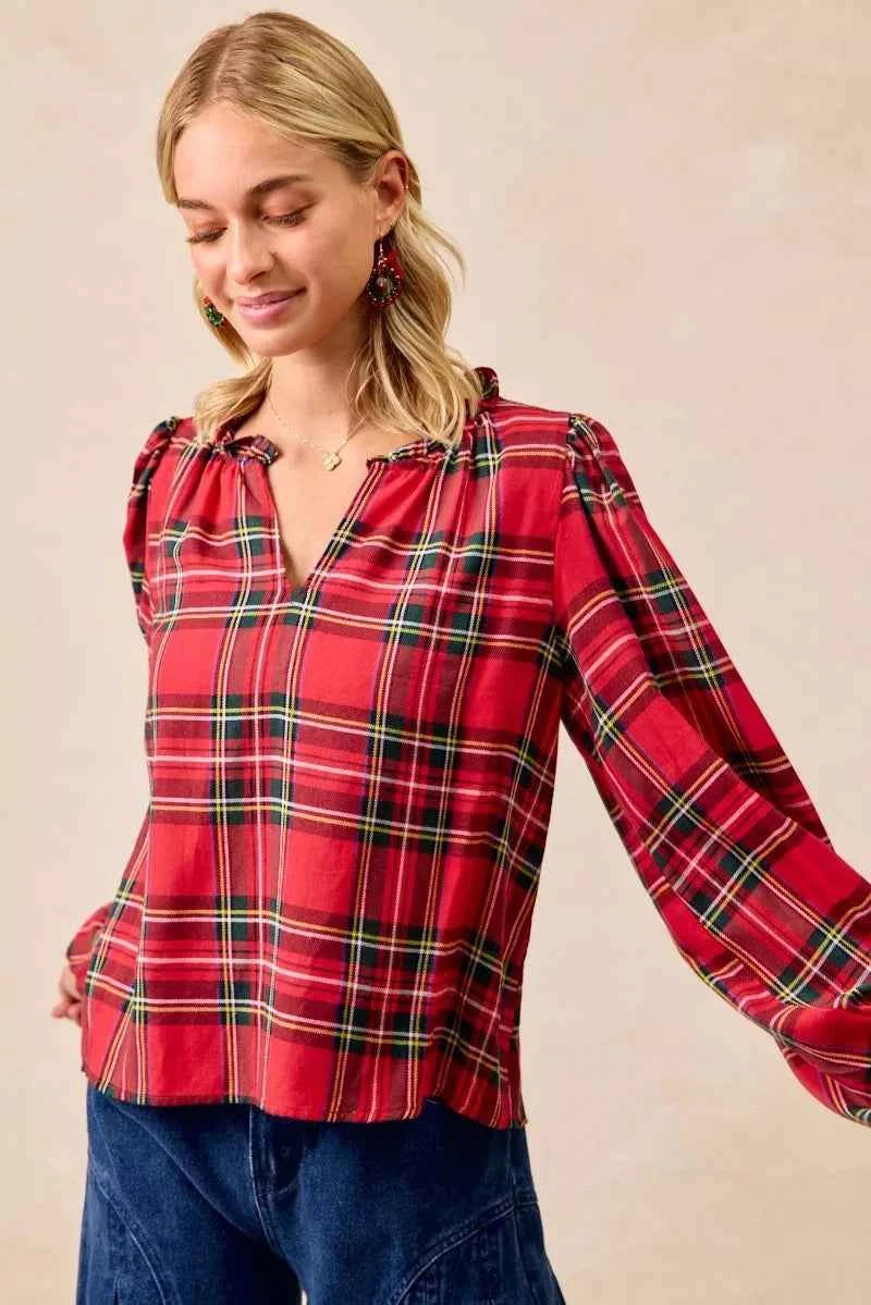 Christmas Plaid Balloon Sleeves Ruffled V-Neck Top 102af6af6c0a441ba22c09d165ee77b9-Max-Origin