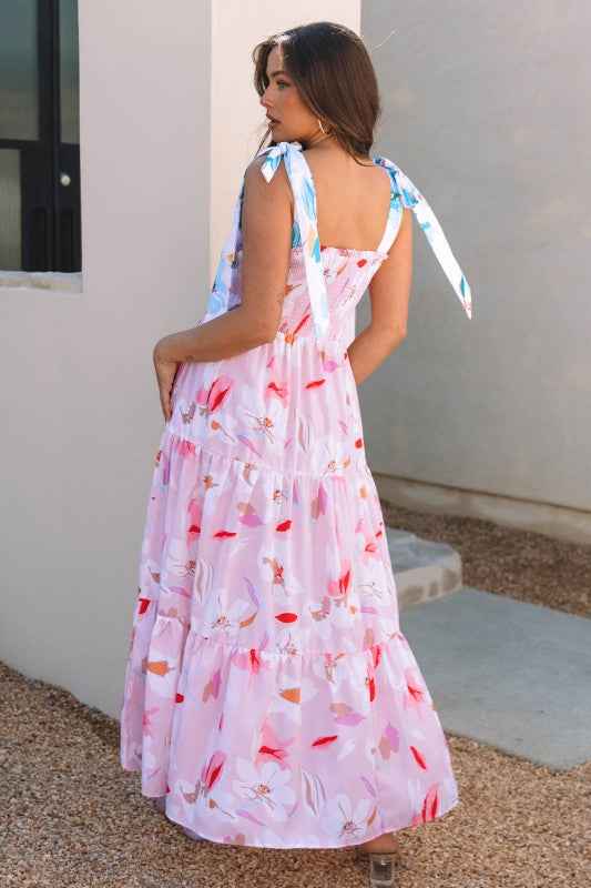Floral Knotted Shoulder Smocked Maxi Dress 102d7b65-34e0-45d4-b307-daef1cb2e56b