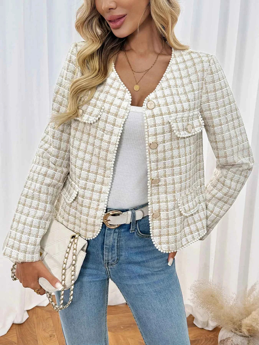 Plaid Button-Front Long Sleeve Outerwear 102db9879efb4d3396a729e325a278d8-Max-Origin