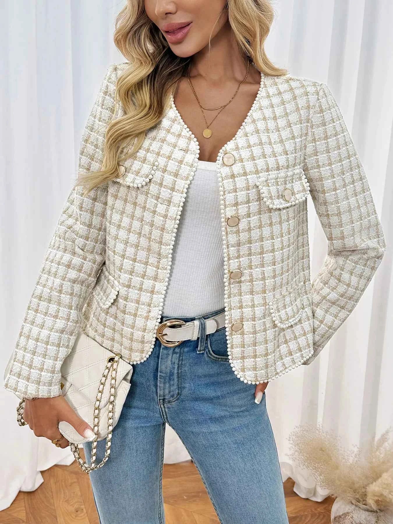Plaid Button-Front Long Sleeve Outerwear 102db9879efb4d3396a729e325a278d8-Max-Origin