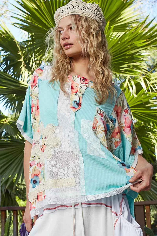 Lace Round Neck Short Sleeve Floral Pattern Top with Patch Detail 10363db4-0078-4899-9c1f-e7bc0cc9aacb-Max-Origin