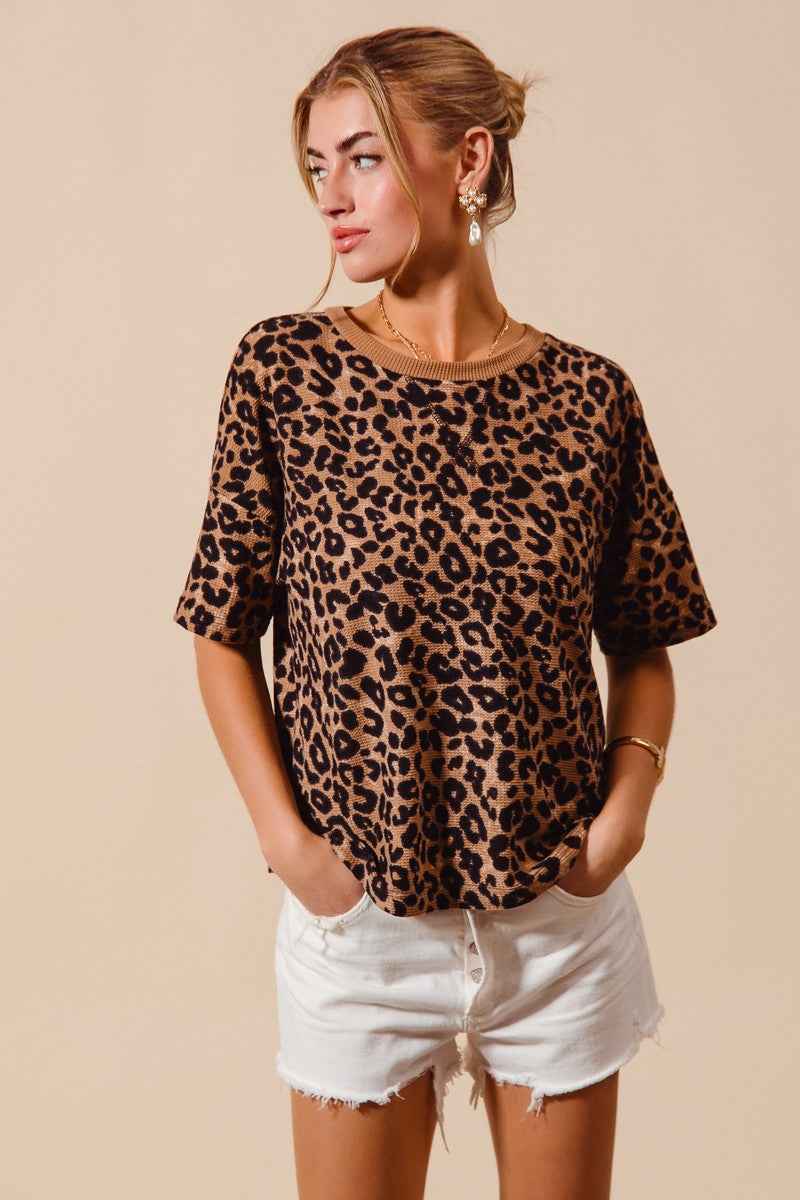 SO ME Leopard Thermal Waffle Knit Loose Fit Top COFFEE LEOPARD 1037713a5a8043738917cbd5c80f3c20-Max