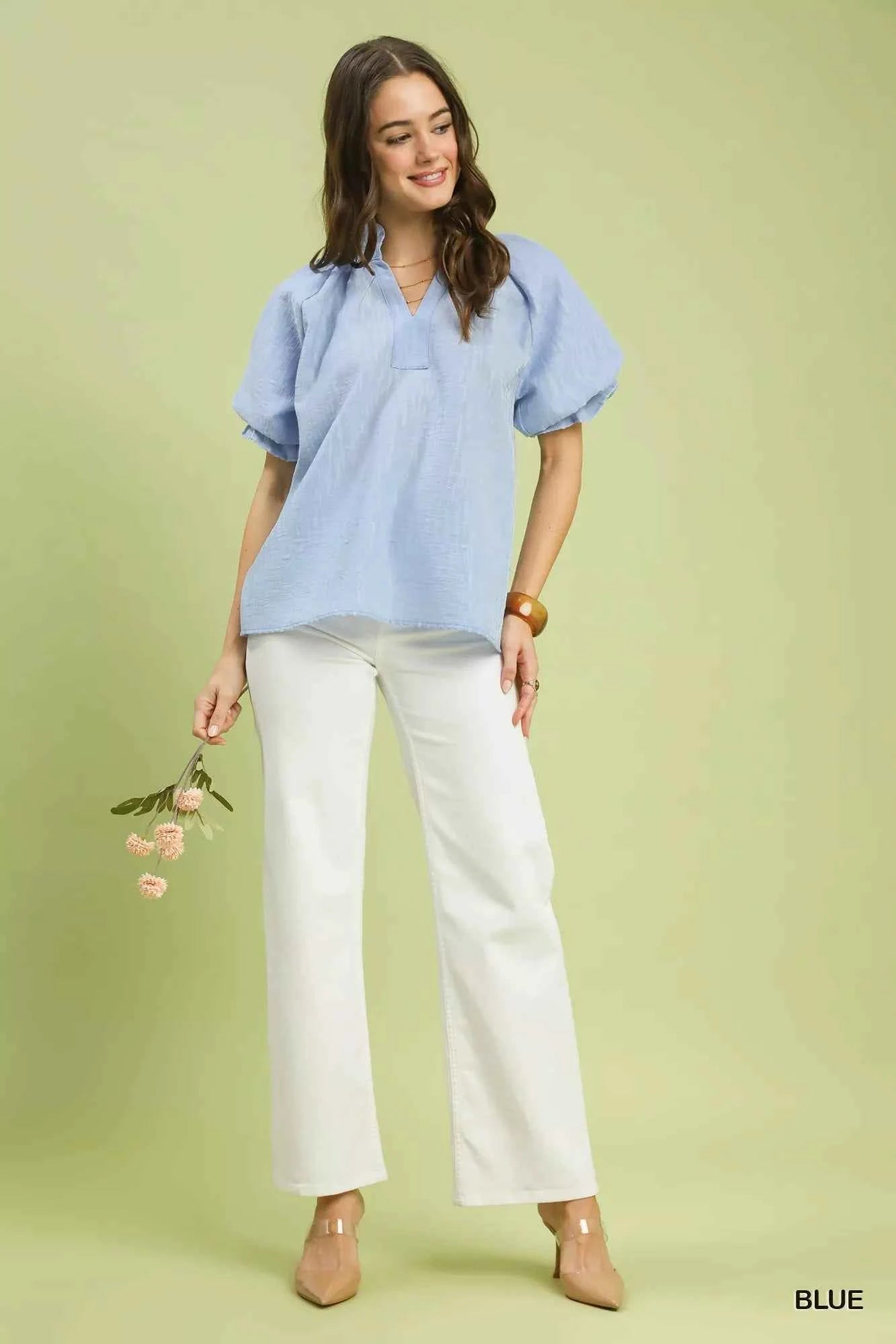 Umgee Textured Puff Sleeve Split Neck Top 1037d419-2864-491d-82e5-393e5e0fb175-Max-Origin