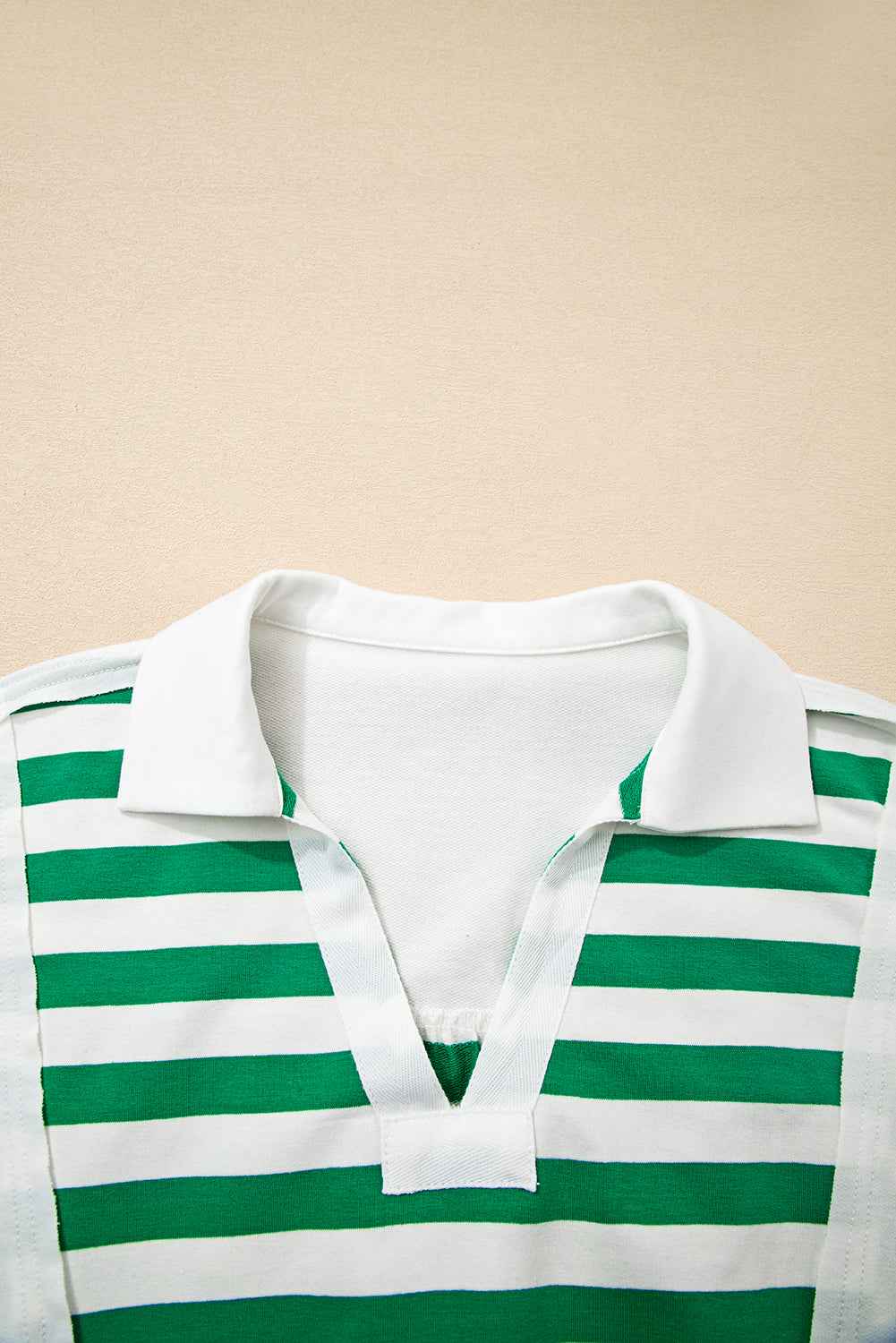 Green Striped Colorblock Patchwork Collared V Neck Cropped Pullover 103e4e923d8b628a