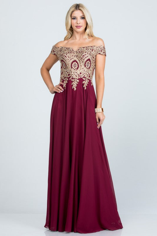 Plus Size Off Shoulder Evening Gown – Gold Lace Appliqué Chiffon Dress Burgundy 10469690_de089878-8368-40ff-86a0-d0dd0394d70c