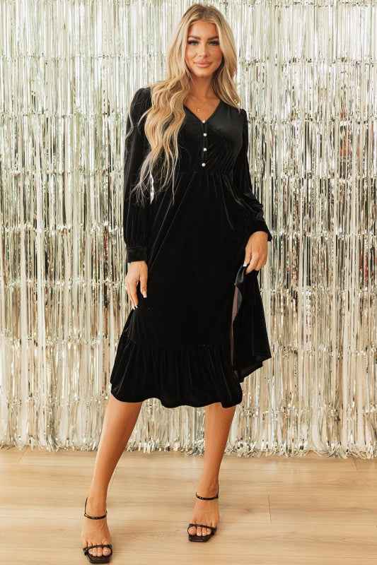 Olivia Velvet Buttoned Puff Sleeve V Neck Split Mi 104781c4-a11f-41cf-ac79-3880ca2536b6_af22eca5-97a4-4533-aec7-64589fecf725