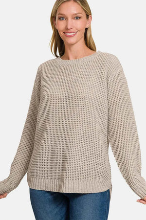 High Low Long Sleeve Waffle Sweater H Mocha 1048b4ef-18fe-4500-8467-92a3400c67b0-Max