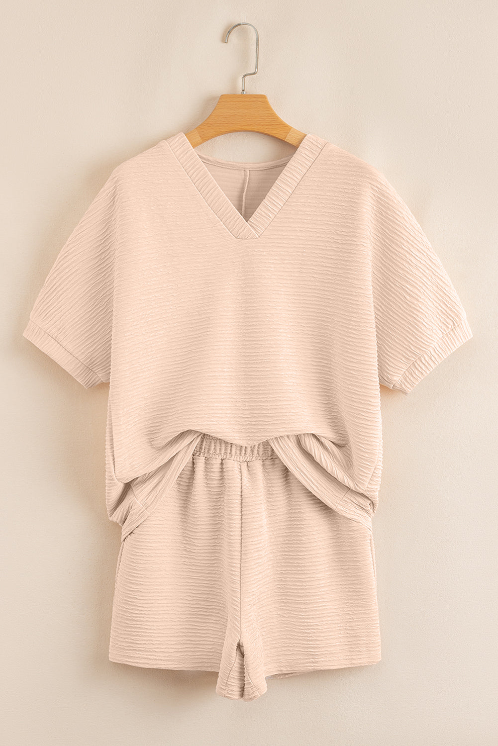 Pink Textured V Neck T Shirt and Shorts Set 104979554f259921
