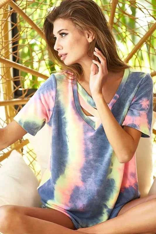 BiBi Tie Dye Terry V Neck Top With Double Strap 1050b9a1bec9463995fedb882ce40687-Max-Origin