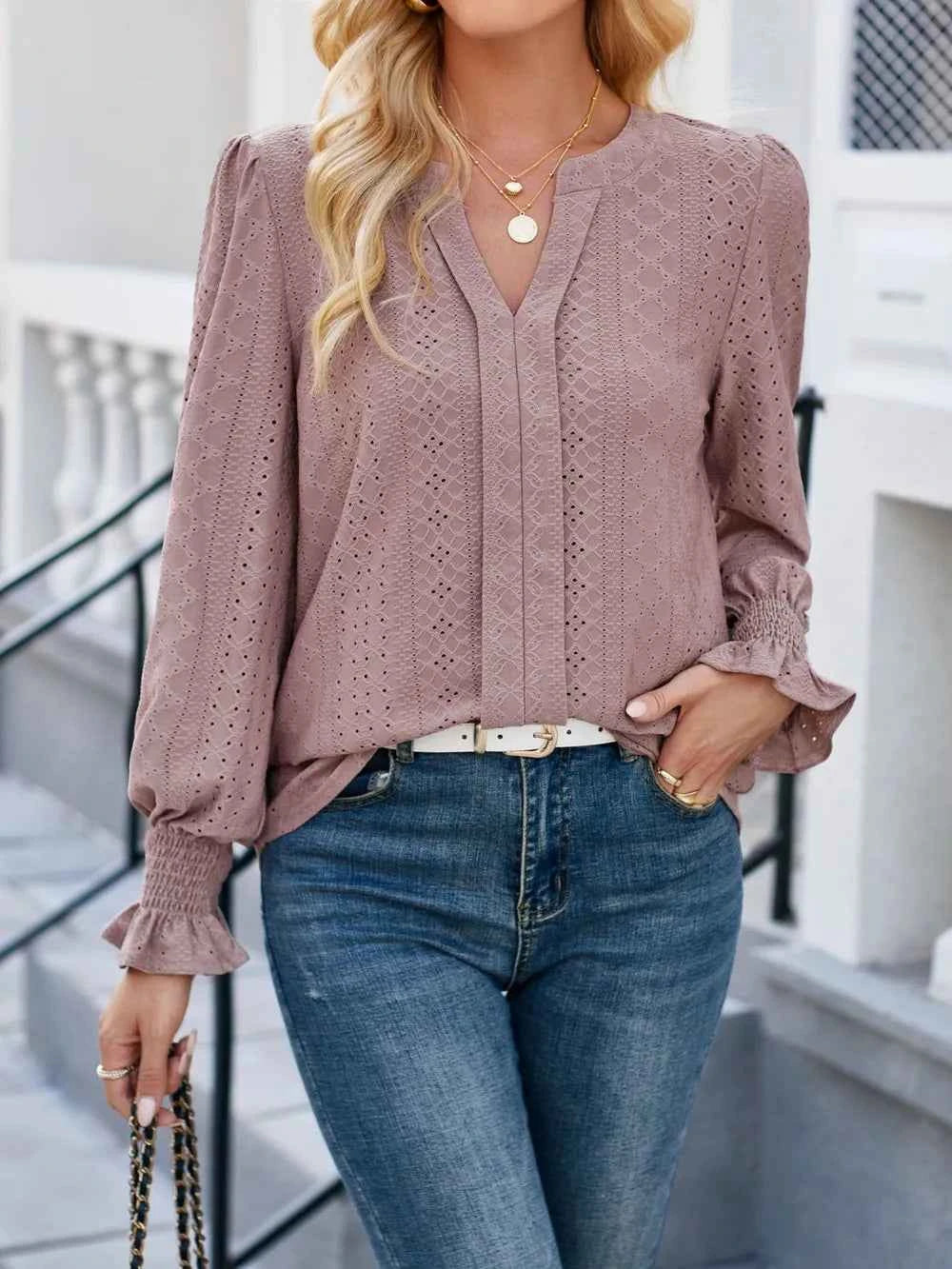 Lovelet Eyelet Notched Flounce Sleeve Blouse Dusty Pink 10522be2-9d7d-4aef-9f35-623c1d7950dc-Max