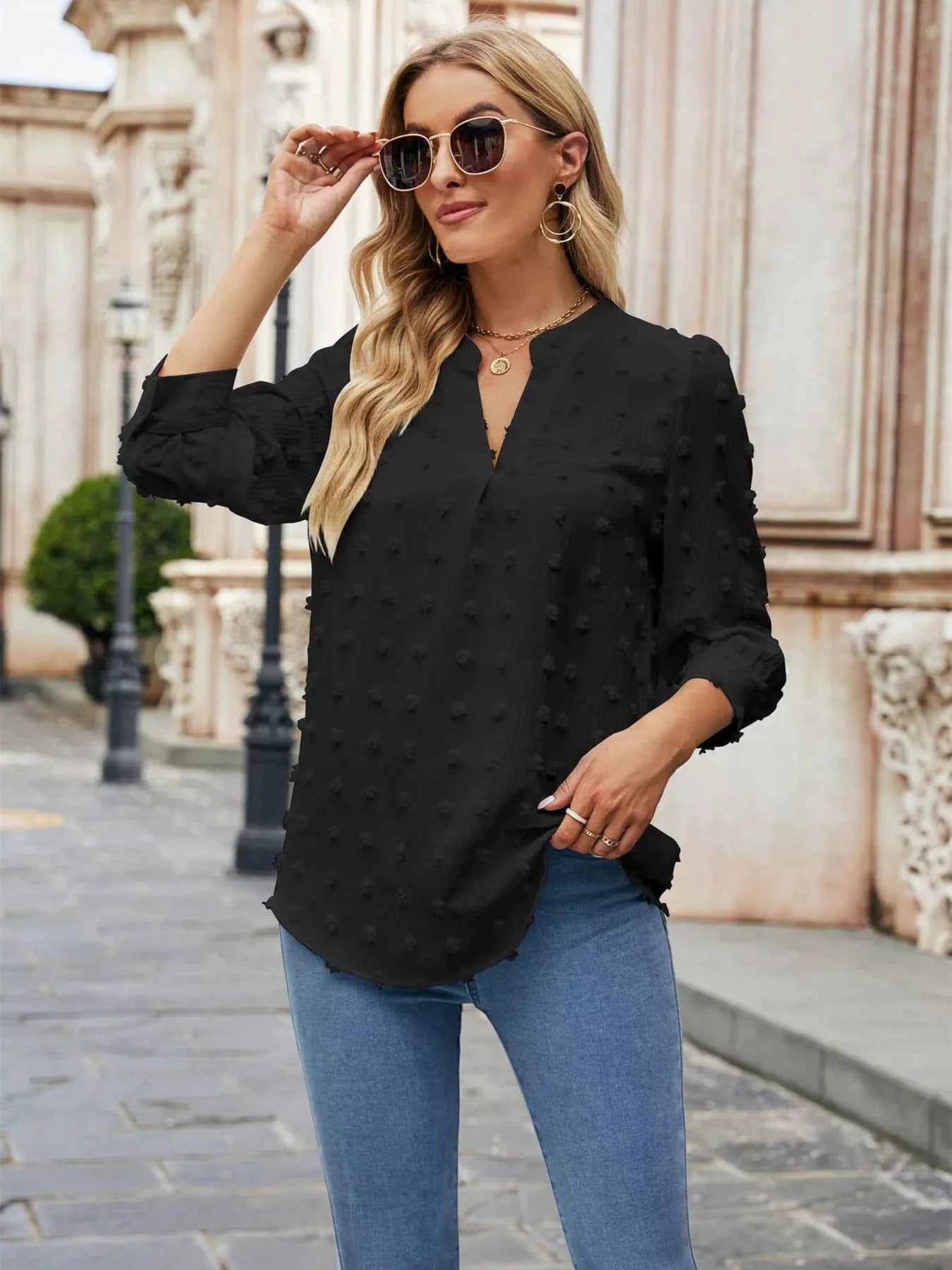 Swiss Dot Notched 3/4 Sleeve Blouse Black 10534c1d74fe47ce9cced8f05af80e22-Max-Origin
