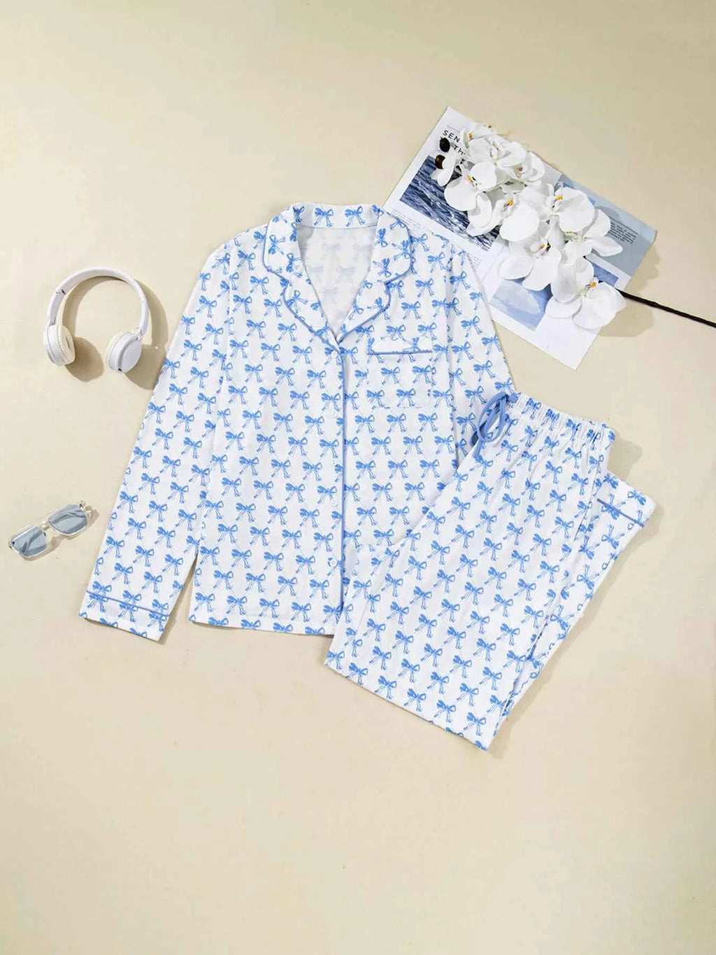 Bow Print Long Sleeve Shirt and Pants Pajama Set 105baaae1e414649b2633e57338a8682-Max-Origin