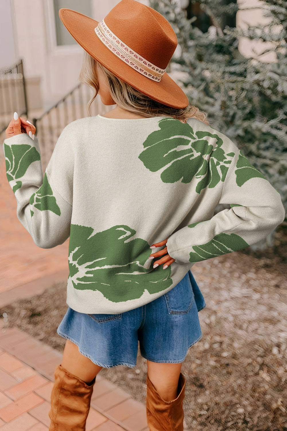 Green Flower Pattern Drop Sleeve Baggy Sweater 105bbfd419a168f5