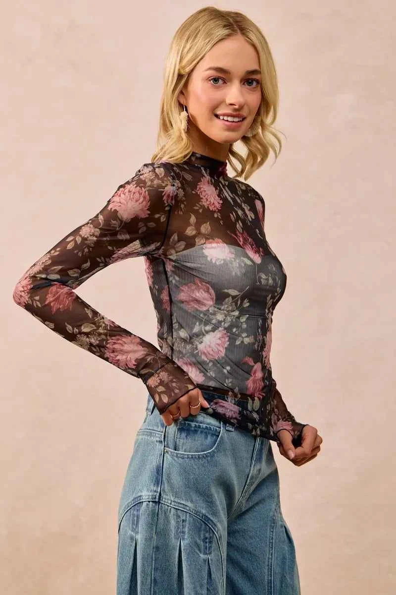 BiBi Flower Printed Mesh Lace Top with Thumb Opening 105ef166d43f499c948bb0bc9774d392-Max-Origin