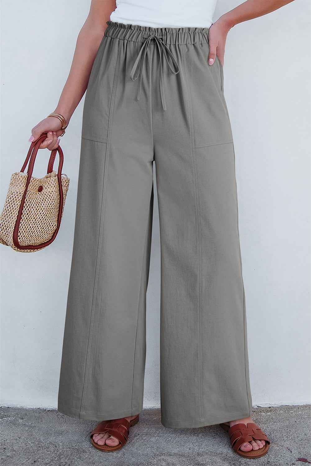 Gray Solid Color Drawstring Elastic Waist Casual Loose Pants Gray 100%Polyester 10603820434dcfb1