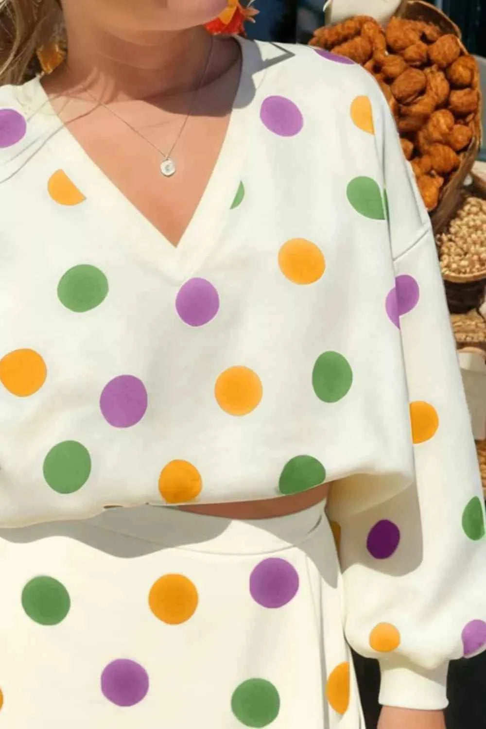 Polka Dot V-Neck Top and Skirt Set