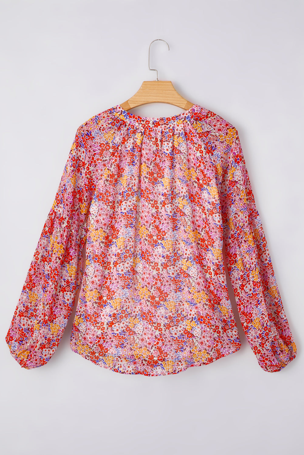 Red Boho Floral Print V Neck Long Sleeve Blouse 106150207d49774a