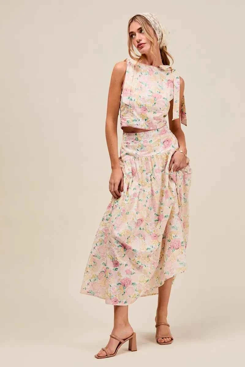 SO ME Floral Printed Woven Shoulder Bow Tie Top and Skirt Set 1062519550a54964be26339364fb6dde-Max-Origin