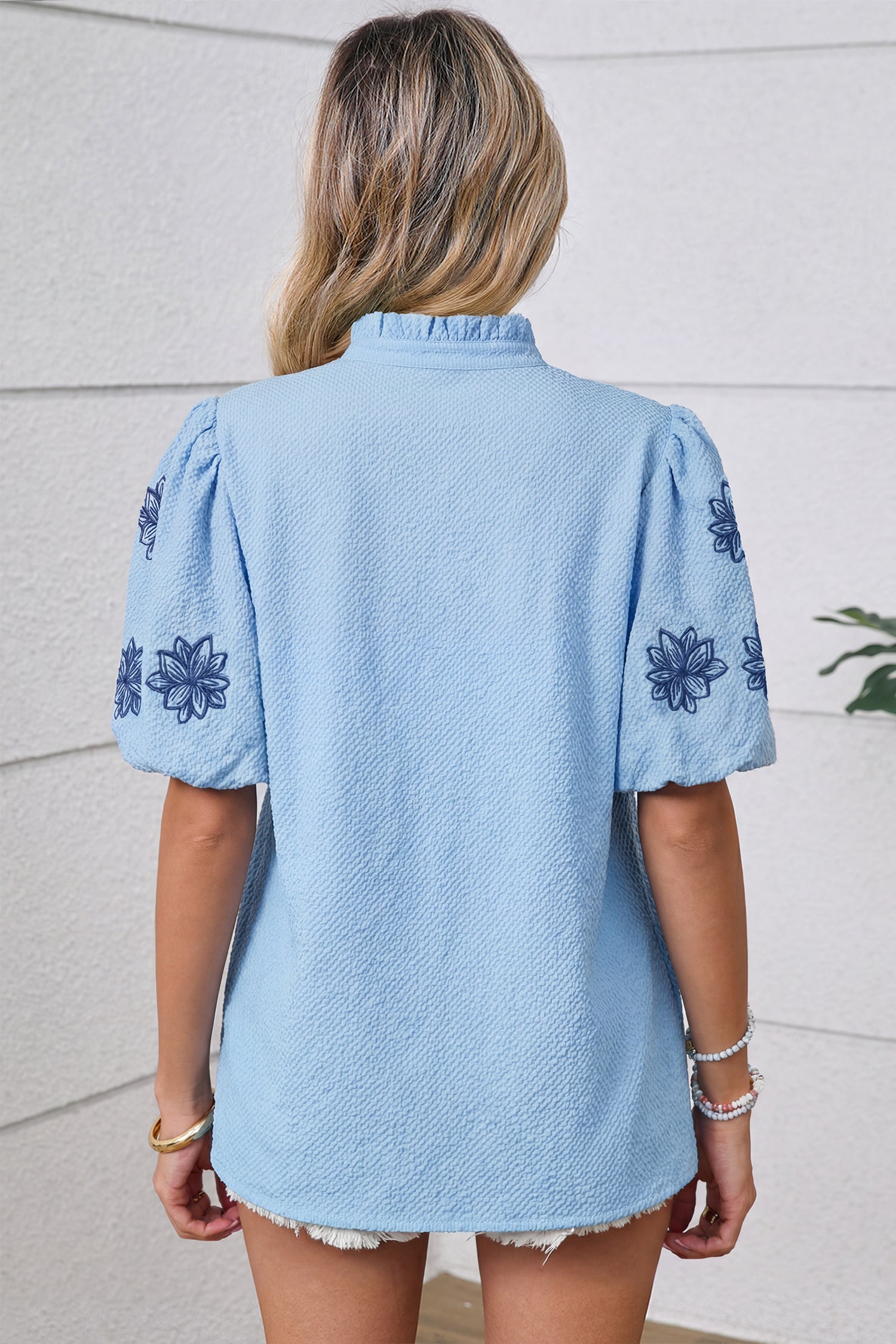 Beau Blue Flower Embroidered Puff Sleeve Split Neck Textured Blouse 106351b1ff669fe0