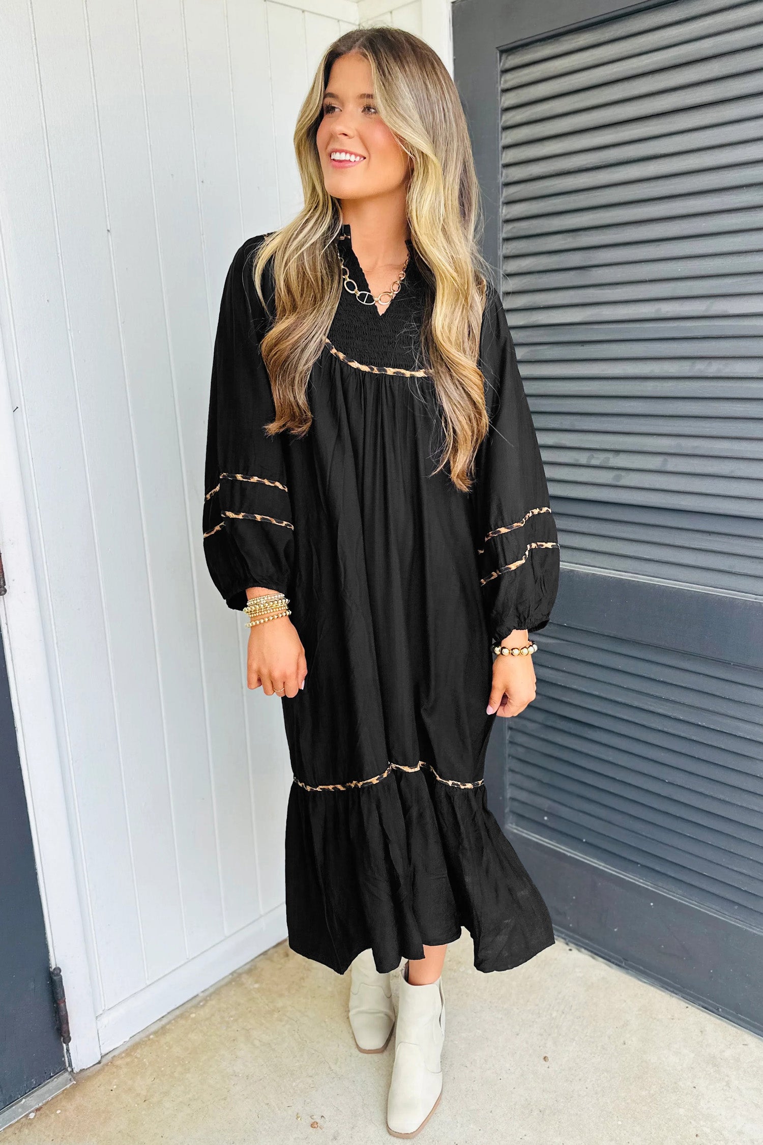 Black Contrast Leopard Trim Split Neck Long Sleeve Casual Midi Dress 10673a5aa5d3062d