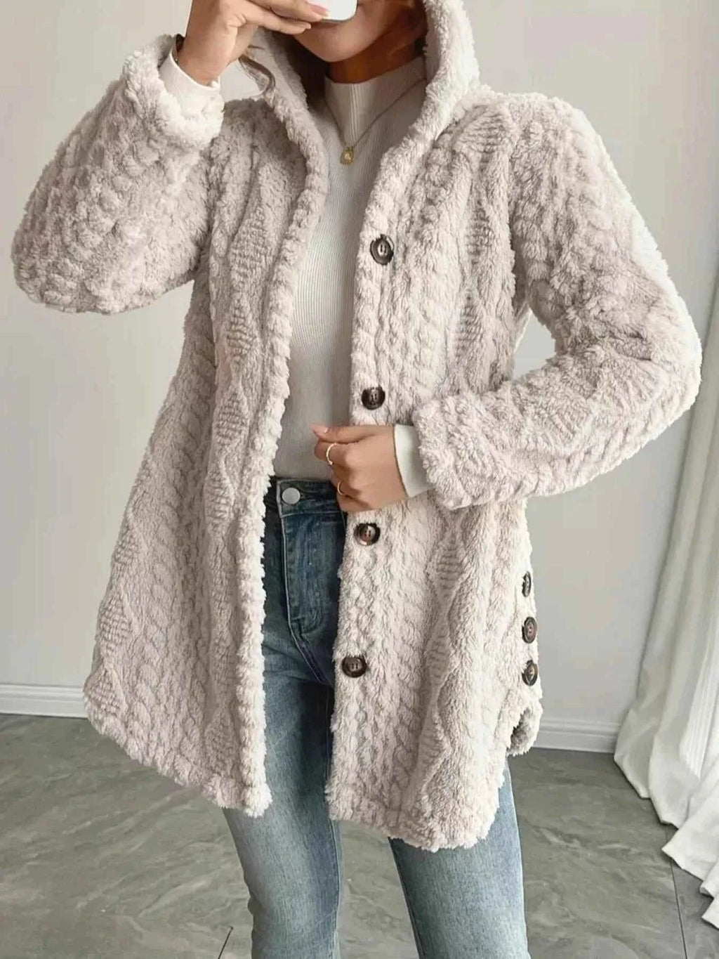 Cozy Textured Button-Front Hooded Outerwear Beige 1068a9d6dc864538bd9bae0f4fd19918-Max-Origin