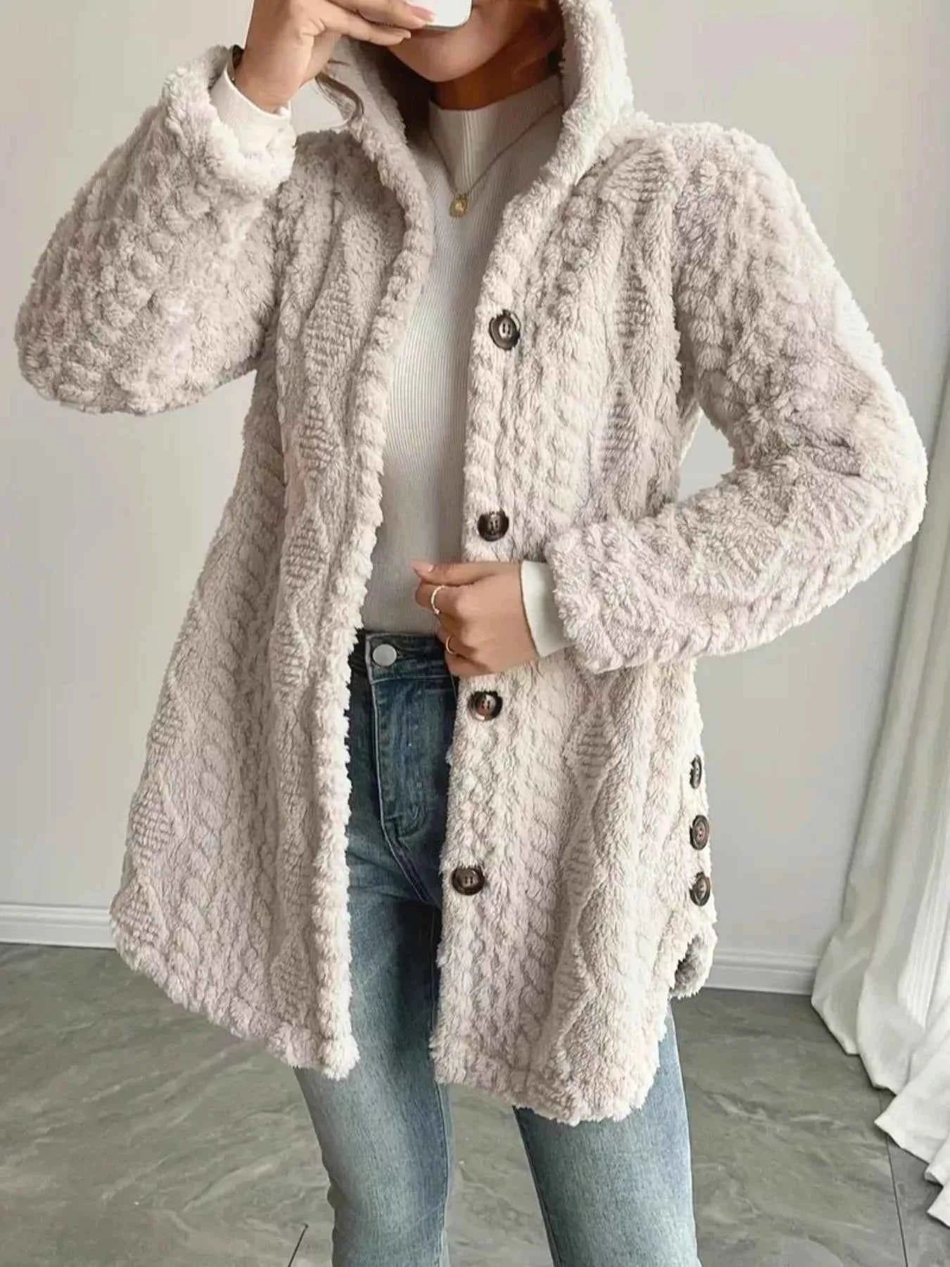 Cozy Textured Button-Front Hooded Outerwear Beige 1068a9d6dc864538bd9bae0f4fd19918-Max-Origin