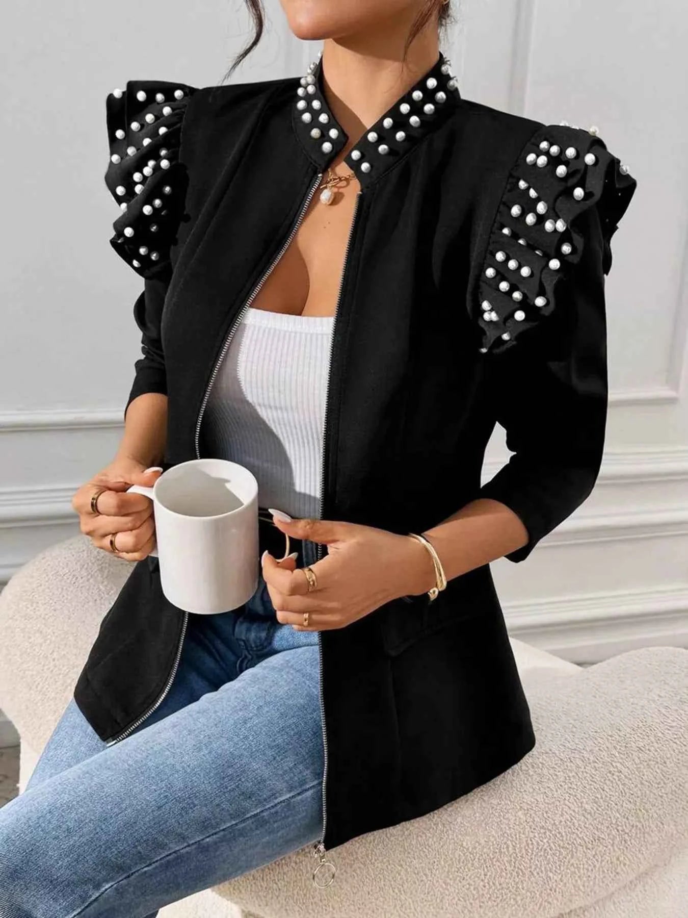 Pearl Embellished Shoulder Zip Up Jacket 106ab0f1-69a2-490d-b6b6-9c15d38386b9-Max-Origin