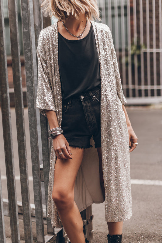 Apricot Sequin 3/4 Sleeve Open Front Duster Cardigan Apricot 95%POLYESTER+5%ELASTANE 1072a8bfe90566b5