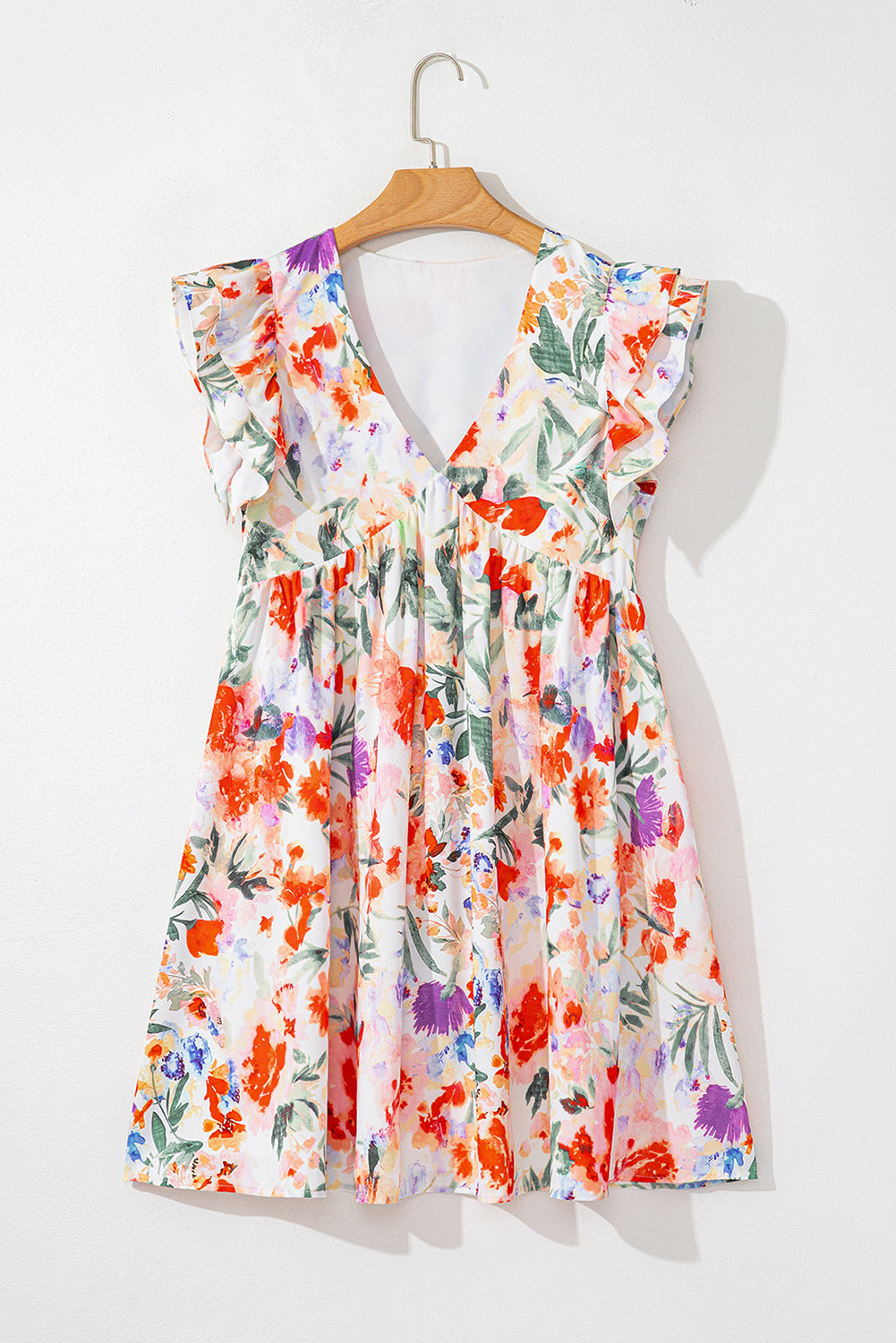 Pink Floral Ruffle Sleeve V Neck High Waist Mini Dress 10797be38dad83b8
