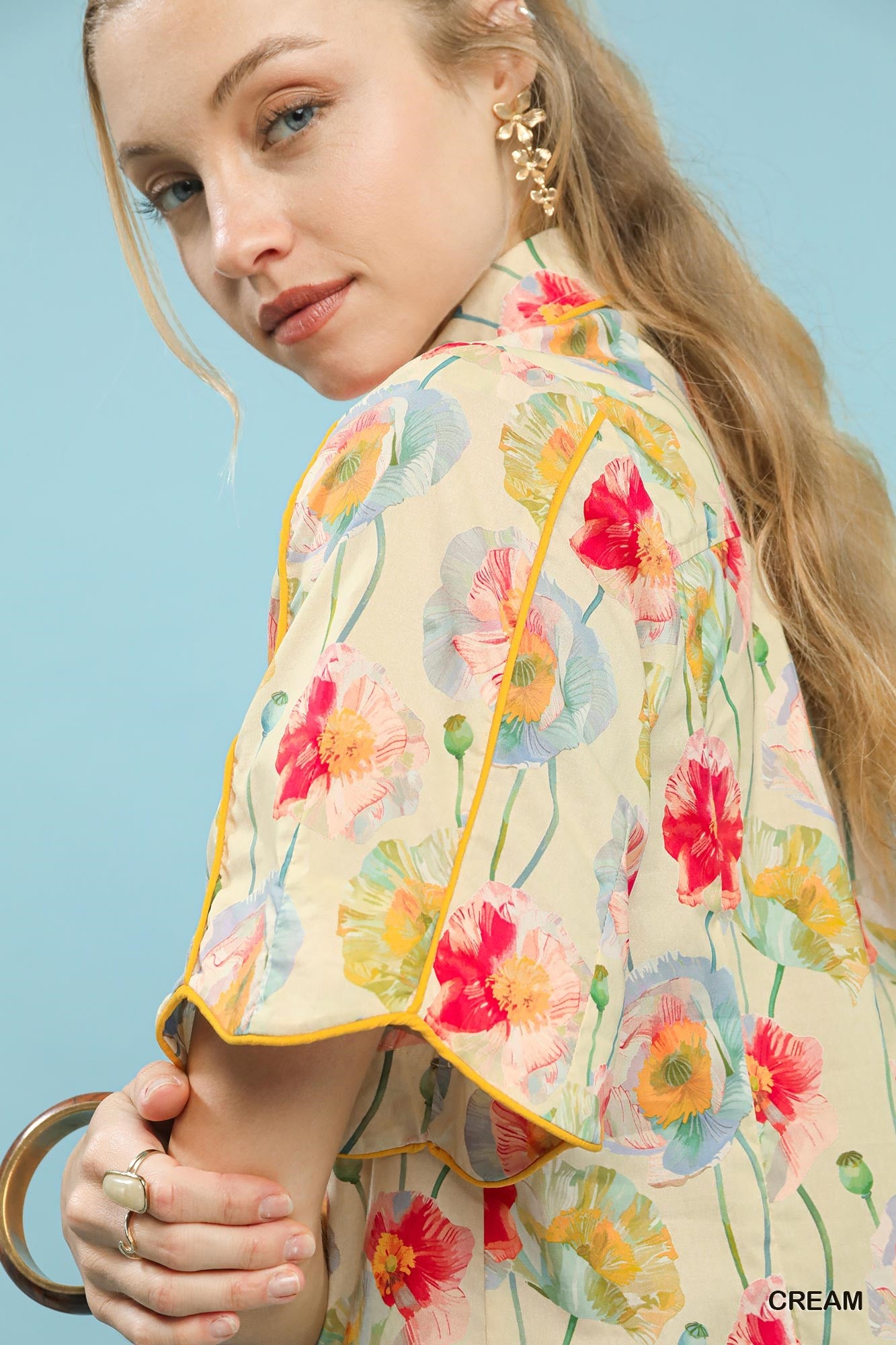 Umgee Floral Print Button-Down Blouse with Flutter Sleeves 107a53cf-a074-48e7-b010-fb40ffec8b14-Max