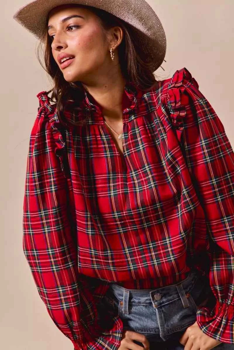SO ME Christmas Checkered Plaid Smocked Blouse 107a8254461d41a78ee43d778416a631-Max-Origin