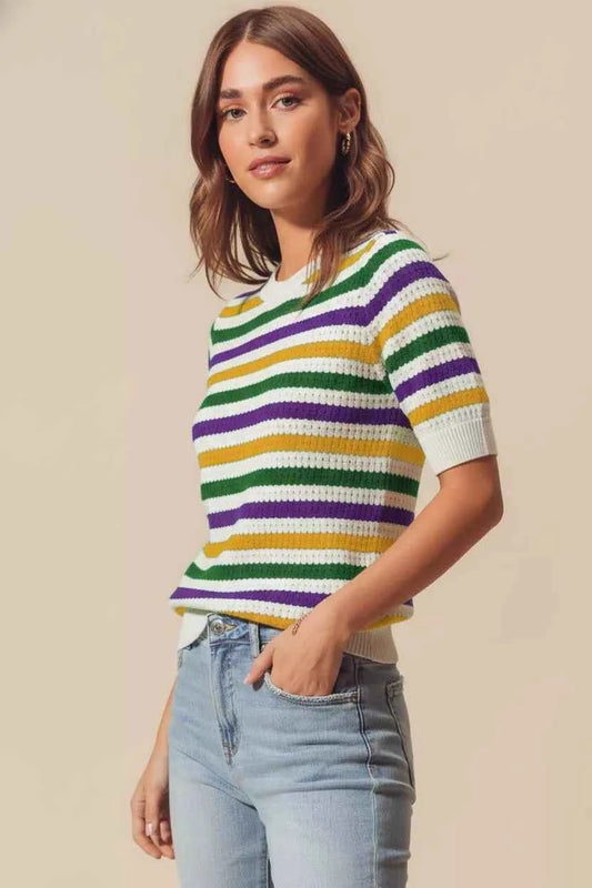 Mardi Gras Crew Neck Stripe Breathable Sweater 107e7e7c-c49f-402a-93bf-5feee863a9ee-Max-Origin