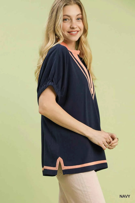 Umgee Linen Contrast Trim V-Neck Blouse 10821dcd-c771-495d-b682-d21081a2ed65-Max-Origin