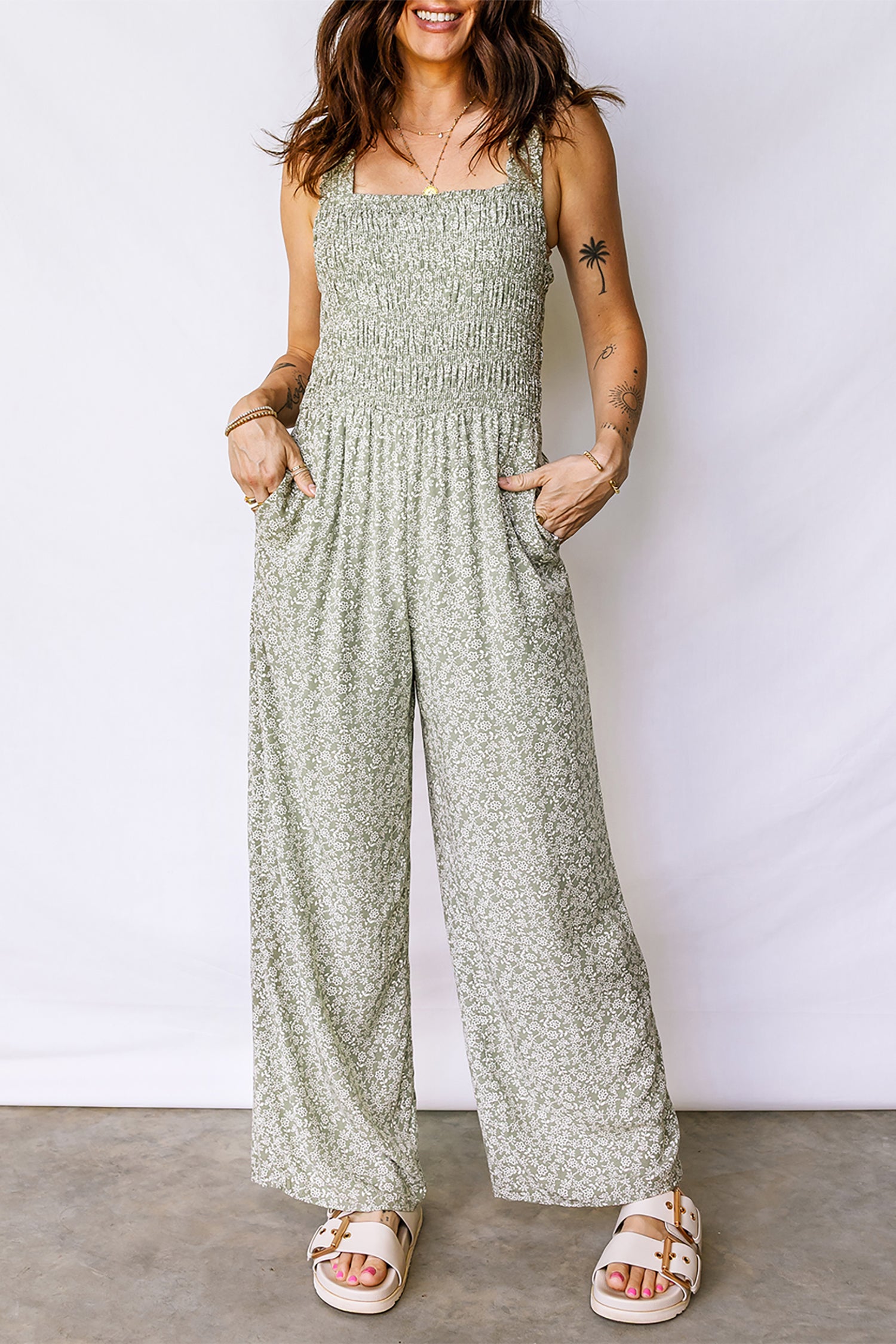 Green Smocked Bodice Square Neck Sleeveless Floral Jumpsuit 108356e350d31565